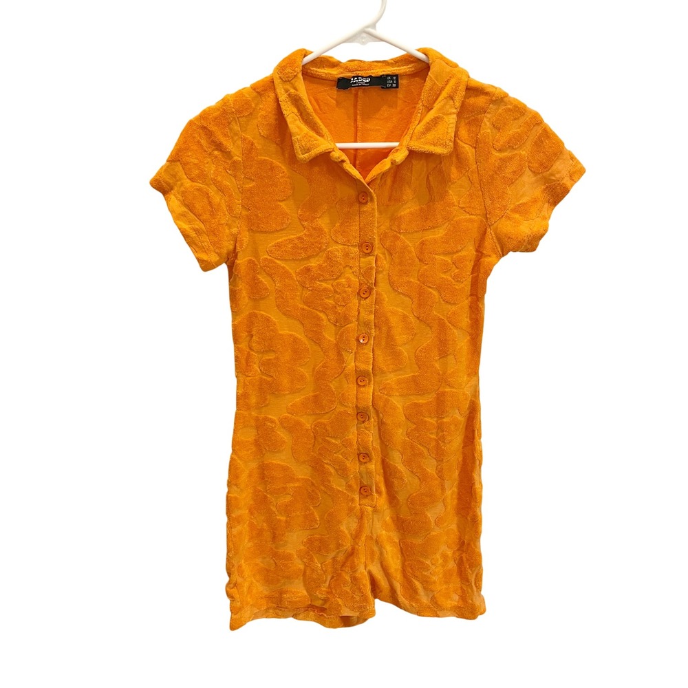 Jaded London Orange Terry Cloth Floral Romper Button Front Polo Collar Size 6